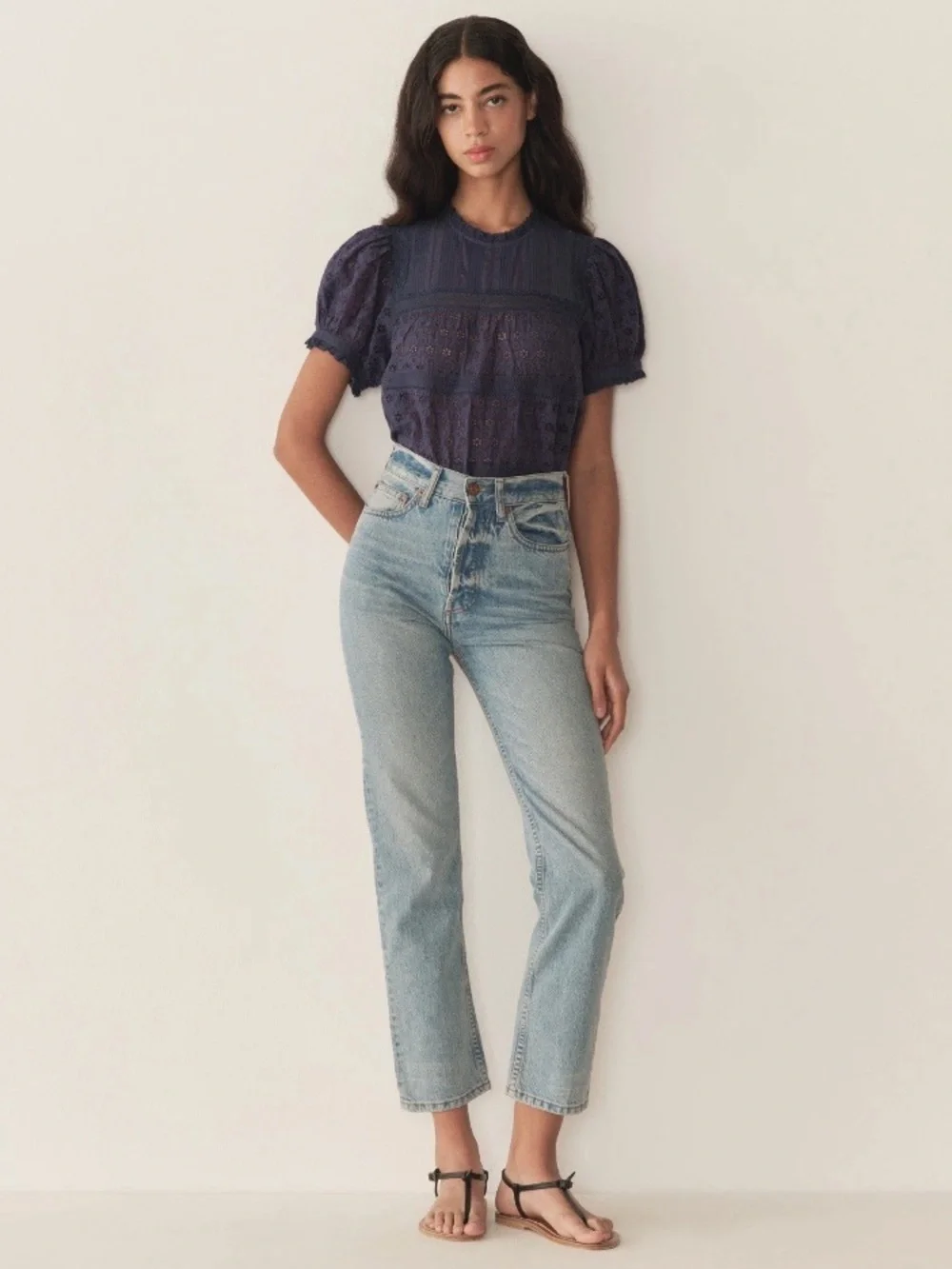 Doen Adeline Eyelet Cotton Short Puff Sleeve Babydoll Top Adriatic Navy Blue